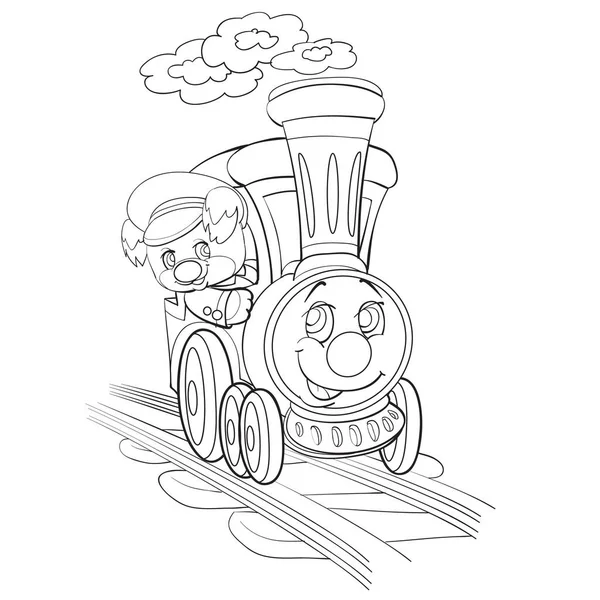 큰 눈을 가진 기차를 타고 있는 개 캐릭터를 묘사하고, 흰색 배경에 분리 된 물체를 그려 넣고, 벡터 그림을 그렸습니다., — 스톡 벡터