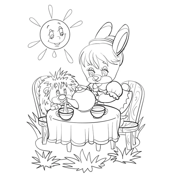 Kresba králičí postavy popíjející čaj s ježkem, čajový dýchánek, zbarvení, izolovaný objekt na bílém pozadí, vektorová ilustrace, — Stockový vektor
