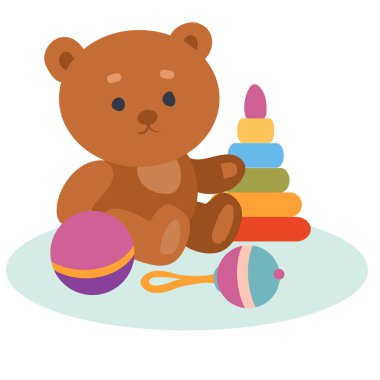 Bir ayı, bir piramit, bir çıngırak ve bir top, beyaz arkaplandaki izole nesne, vektör illüstrasyon,