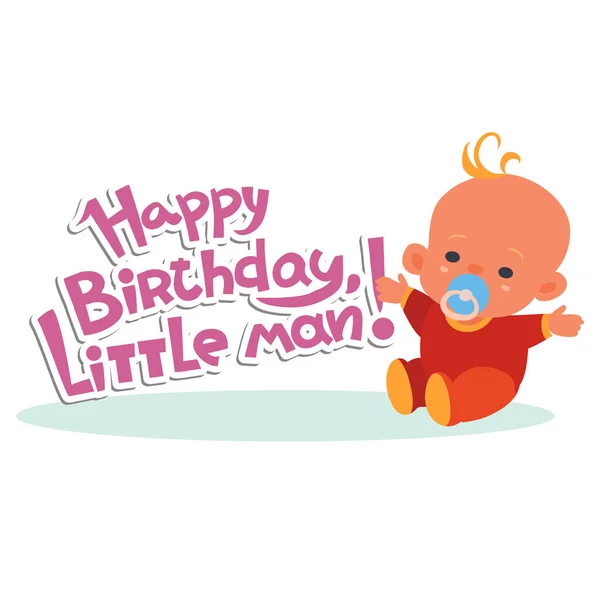 Birthday greetings, lettering and baby in red overalls, isolated object on a white background, vector illustration, — Stock Vector