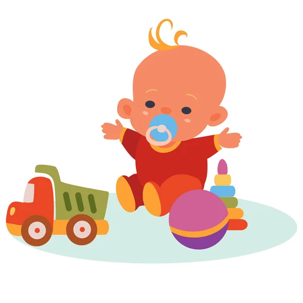 Bebé en mono rojo y un chupete azul en la boca se sienta entre juguetes, máquina, bola, pirámide, objeto aislado sobre un fondo blanco, ilustración vectorial , — Vector de stock