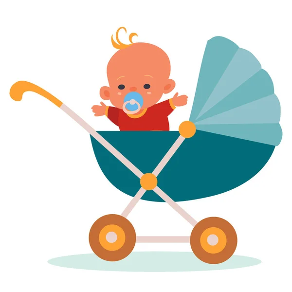 Baby in roten Overalls und mit blauem Schnuller im Mund sitzt in einem blauen Kinderwagen, isoliertes Objekt auf weißem Hintergrund, Vektor-Illustration, — Stockvektor