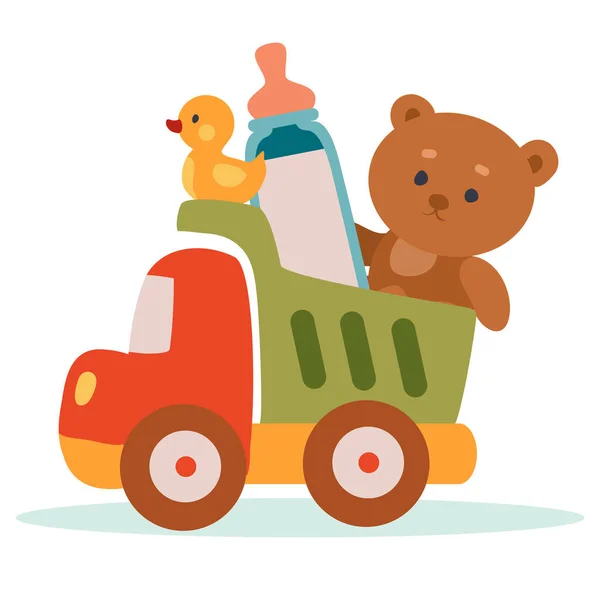 Camión de juguete cargado con otros juguetes, y una botella de leche, objeto aislado sobre un fondo blanco, ilustración vectorial , — Vector de stock
