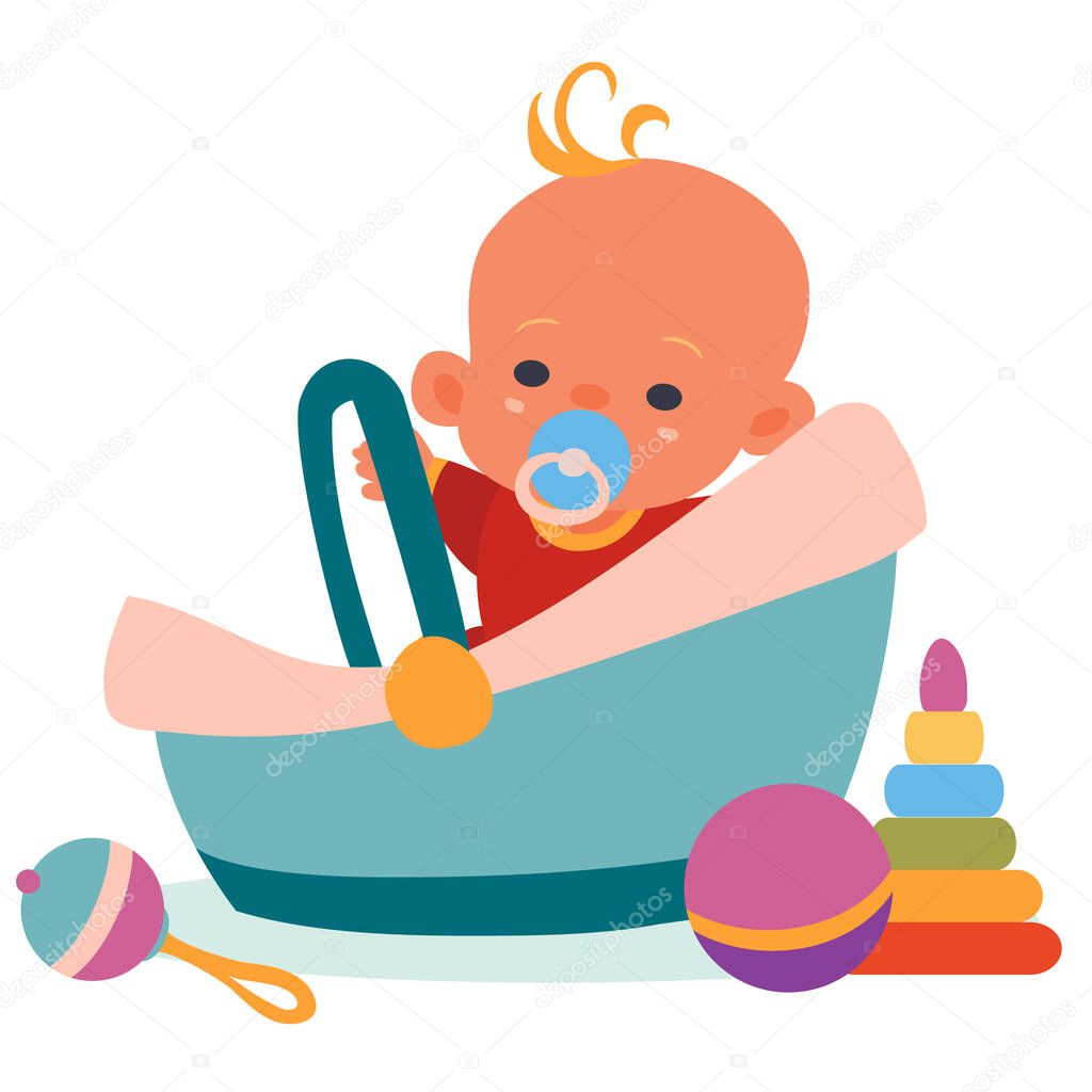 the child sits in a carrier, toys lie around, a rattle, a pyramid, a ball, an isolated object on a white background, vector illustration,