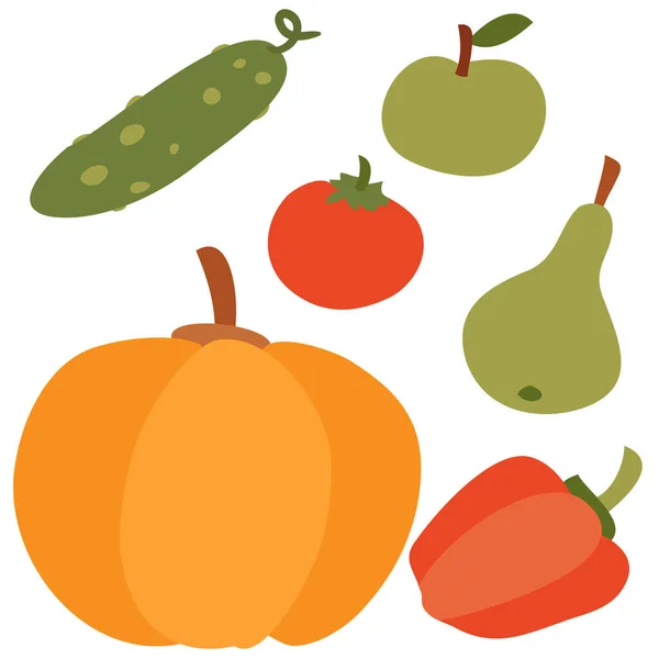 Conjunto de verduras y frutas, pepino, calabaza, manzana, pera, aplanado, objeto aislado sobre un fondo blanco, ilustración vectorial , — Vector de stock