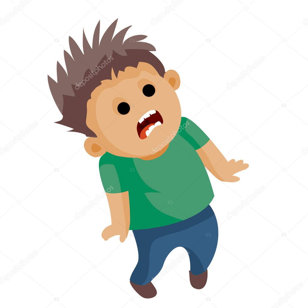 Boy scared badly and screams, isolated object on a white background, vector illustration, eps