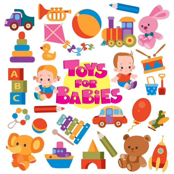 Set di giocattoli per bambini piccoli, oggetto isolato su sfondo bianco, illustrazione vettoriale , — Vettoriale Stock