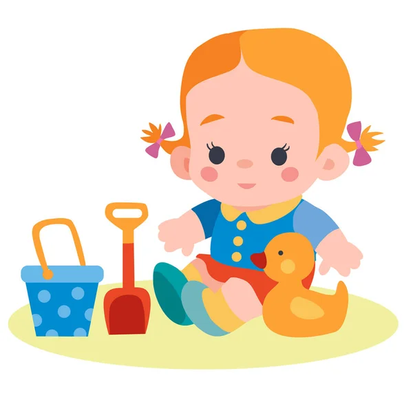 Fille assise dans un bac à sable avec un seau et une spatule et un canard, plat, objet isolé sur un fond blanc, illustration vectorielle , — Image vectorielle