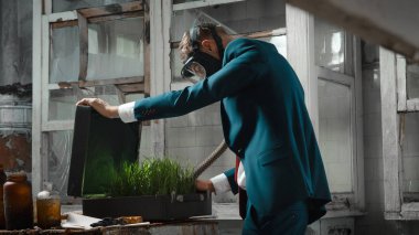 bavul ile gaz maskeli adam fotoğraf. Çantada filizlenmiş buğday