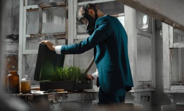 bavul ile gaz maskeli adam fotoğraf. Çantada filizlenmiş buğday