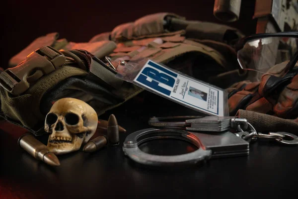 The weapons, armor, and ammunition of a special military unit or FBI police officer — Stok fotoğraf