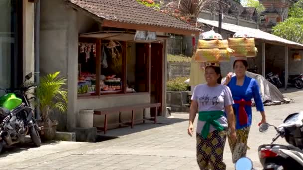 Balinese vrouwen dragen de giften voor de goden — Stockvideo