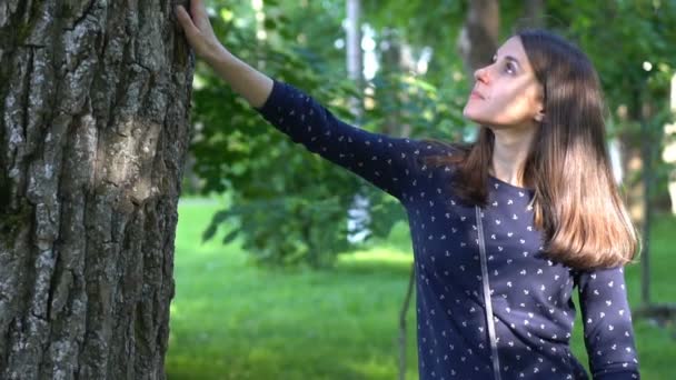 Женщина трогает дерево — стоковое видео