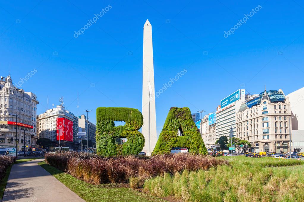 BUENOS AIRES, ARGENTINA - APRIL 14, 2016: Buenos Aires sign and Obelisco in Buenos Aires in Argentina. The Obelisk of Buenos Aires is a national historic monument and icon of Buenos Aires.