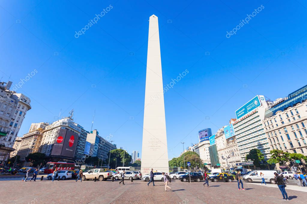 BUENOS AIRES, ARGENTINA - APRIL 14, 2016: Obelisco in Buenos Aires in Argentina. The Obelisk of Buenos Aires is a national historic monument and icon of Buenos Aires.
