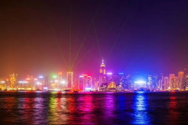 Hong Kong Island Panorama Pokazem Światła Oglądanego Nabrzeża Victoria Harbour — Zdjęcie stockowe