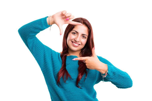 Vrouw maken van framing belangrijke gebaar — Stockfoto