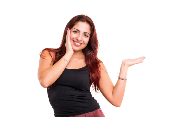 Mulher apresentando seu produto — Fotografia de Stock