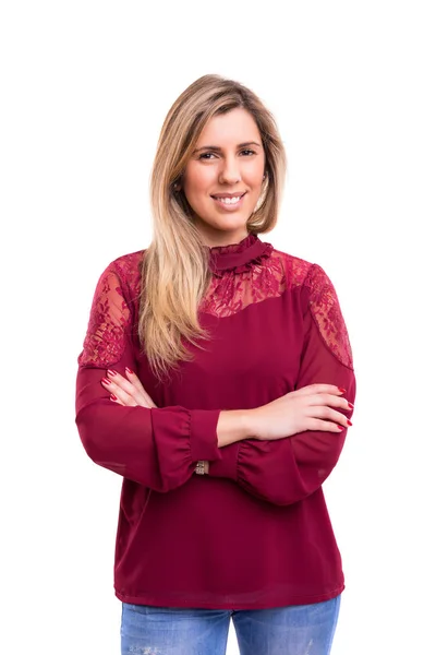 Woman in red blouse — Stock Photo, Image