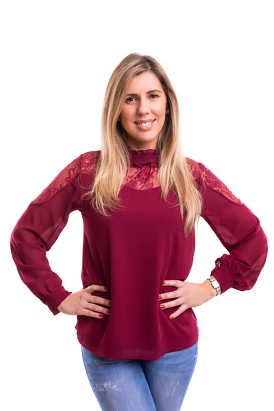 Woman posing in red blouse — Stock Photo, Image