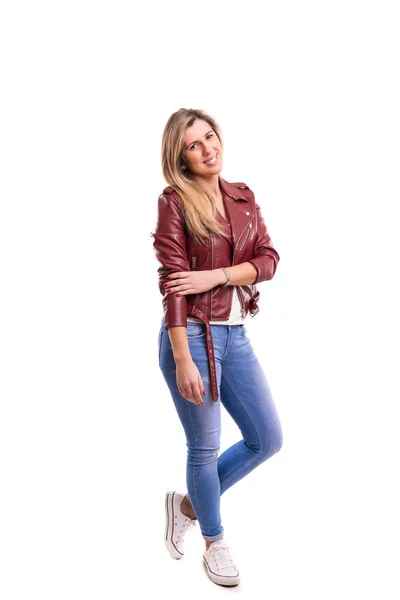 Woman in leather jacket — Stock Photo, Image