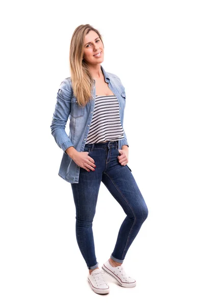 Žena v džínové košile — Stock fotografie