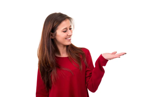 Woman presenting your product — Stock Photo, Image