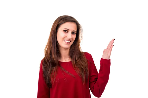 Woman presenting your product — Stock Photo, Image