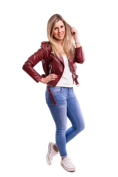 Woman in leather jacket — Stock Photo, Image