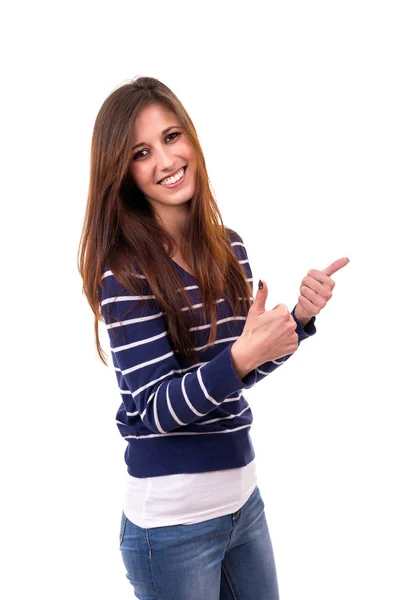Žena ukazuje palec — Stock fotografie