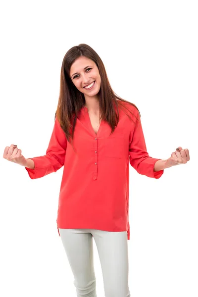 Happy woman with raised arms — Stock Photo, Image