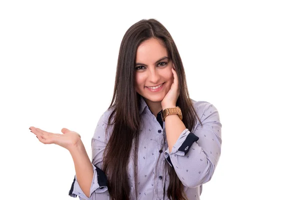 Mujer presentando producto — Foto de Stock