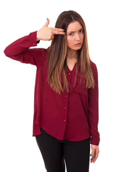 Γυναίκα δείχνει όπλο χειρονομία — Φωτογραφία Αρχείου