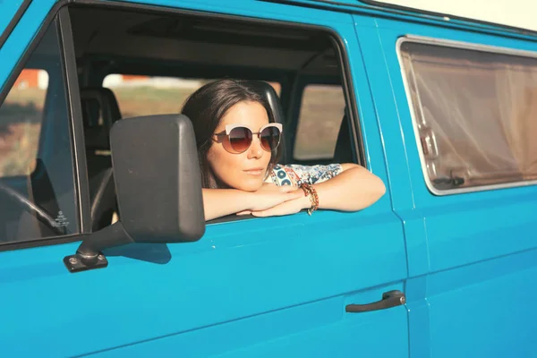 Young woman in the trailer — Stock Photo, Image