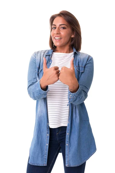 Hermosa joven con los pulgares hacia arriba — Foto de Stock