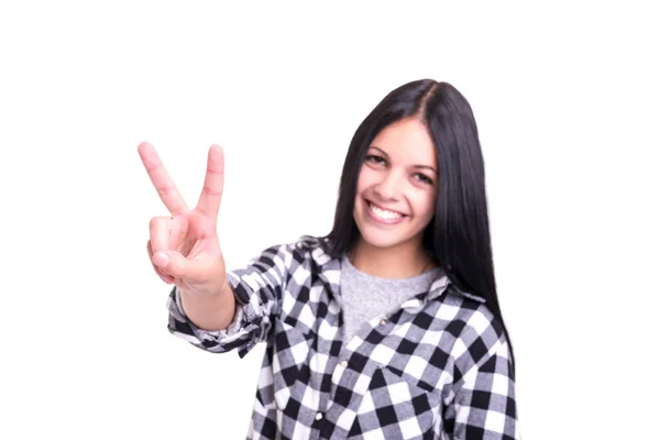 Bella Giovane Donna Che Segnala Vittoria Isolata Sul Bianco — Foto Stock