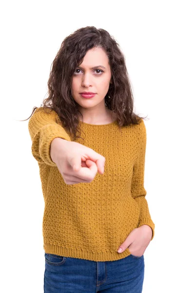 Jonge Mooie Vrouw Wijzend Geïsoleerd Wit — Stockfoto