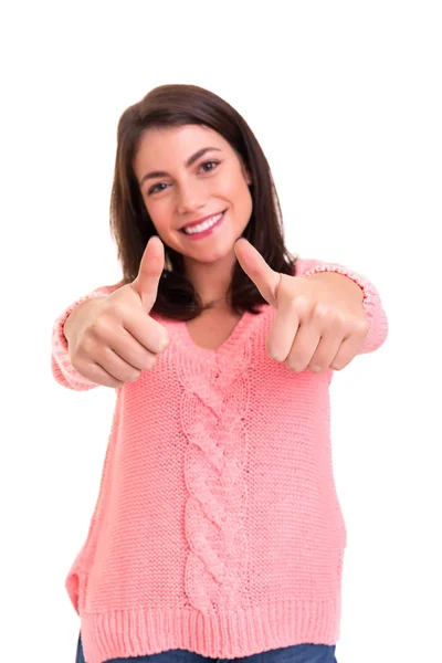 Belle Jeune Femme Signalant Isolé Sur Blanc — Photo