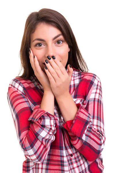 Sorpresa Giovane Donna Isolata Sfondo Bianco — Foto Stock