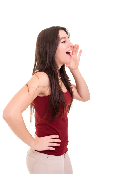 Vrouw Schreeuwen Tegen Iemand Geïsoleerd Een Witte Achtergrond — Stockfoto