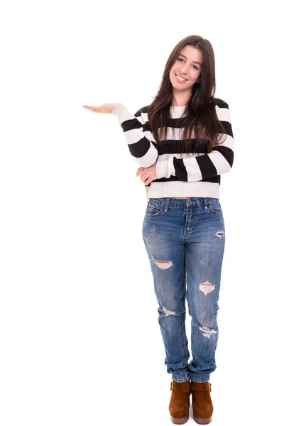 Junge Schöne Frau Präsentiert Ihr Produkt Isoliert Über Weißem Hintergrund — Stockfoto
