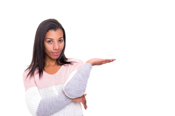 Young Beautiful African Woman Presenting Your Product Isolated White Background — Stock Photo, Image