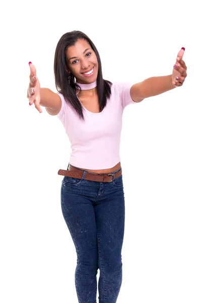 Estúdio Uma Bela Mulher Africana Oferecendo Abraço — Fotografia de Stock