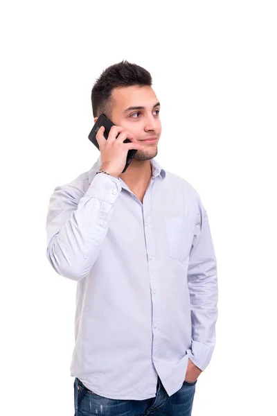 Νεαρός Άνδρας Στο Τηλέφωνο Απομονωθεί Λευκό Φόντο — Φωτογραφία Αρχείου