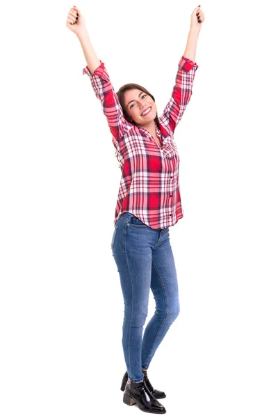 Studio Shot Happy Woman Raised Arms — Stock Photo, Image