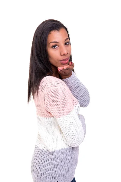 Bella Ragazza Africana Che Succhia Bacio Isolata Sul Bianco — Foto Stock