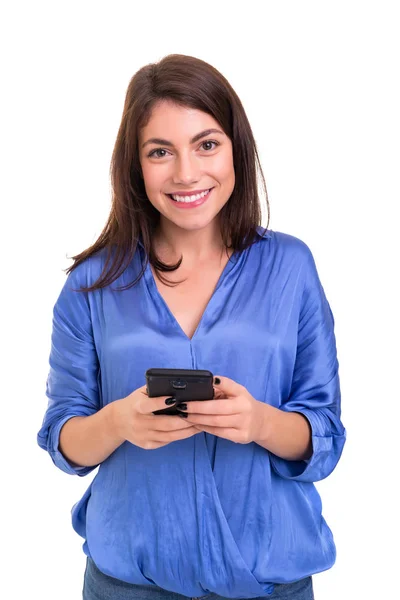 Junge Schöne Frau Telefon Isoliert Vor Weißem Hintergrund — Stockfoto