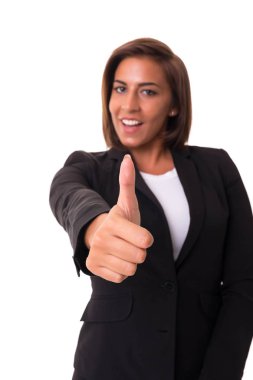 Güzel genç kadın, başparmak ile beyaz izole