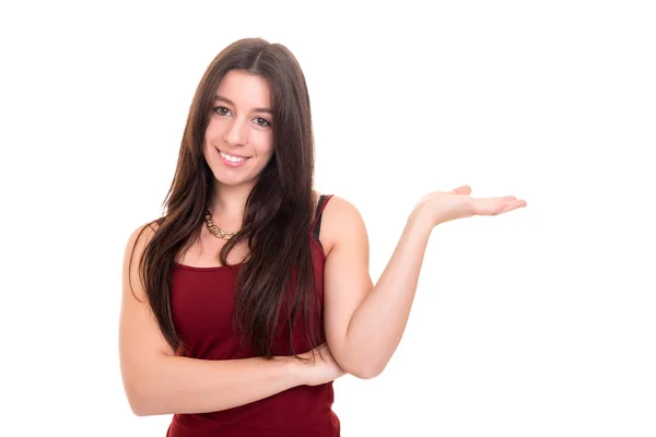 Woman presenting your product — Stock Photo, Image