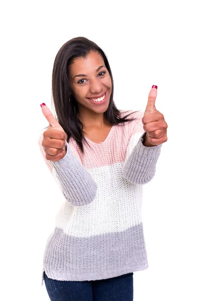 Beautiful African Young Woman Thumbs Isolated White — Stock Photo, Image